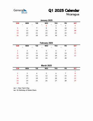 Nicaragua Quarter 1  2025 calendar template