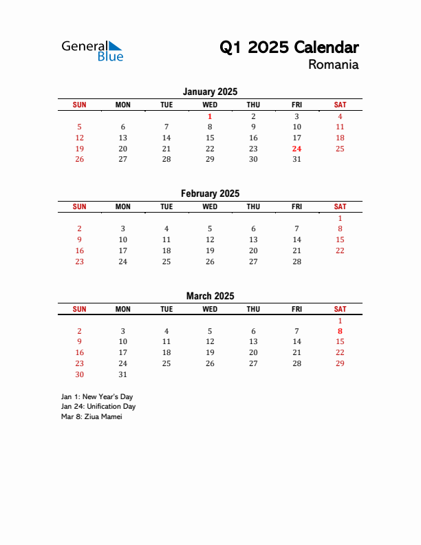 2025 Q1 Calendar with Holidays List for Romania