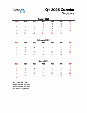 Singapore Quarter 1  2025 calendar template