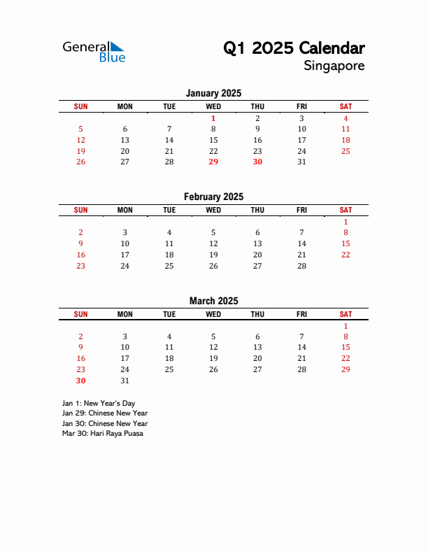 2025 Q1 Calendar with Holidays List for Singapore