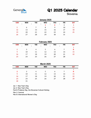 Slovenia Quarter 1  2025 calendar template