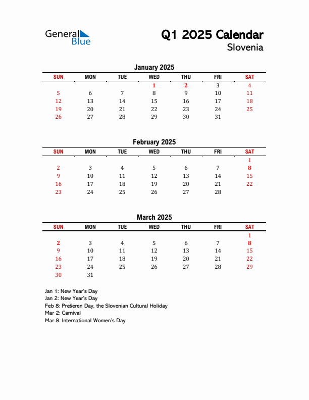 2025 Q1 Calendar with Holidays List for Slovenia