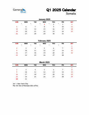 Somalia Quarter 1  2025 calendar template