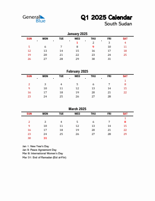 South Sudan Quarter 1  2025 calendar template