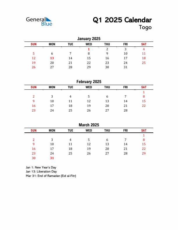 2025 Q1 Calendar with Holidays List for Togo