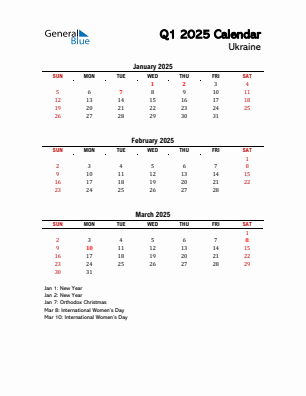 Ukraine Quarter 1  2025 calendar template