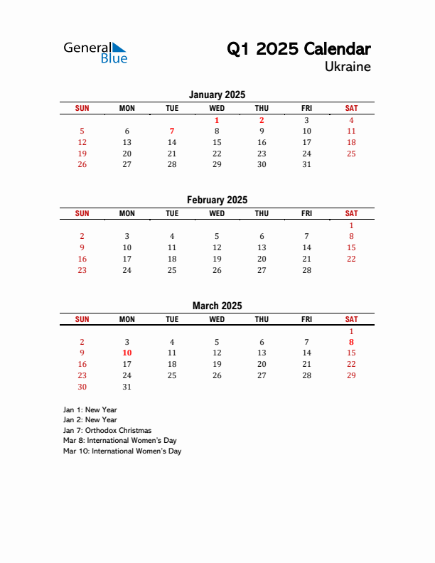 2025 Q1 Calendar with Holidays List for Ukraine