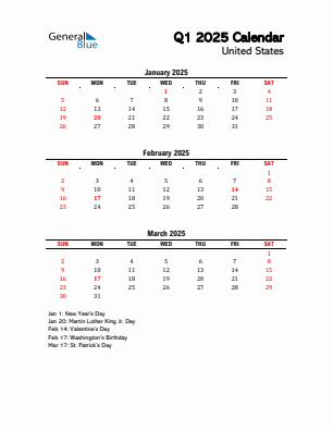 United States Quarter 1  2025 calendar template