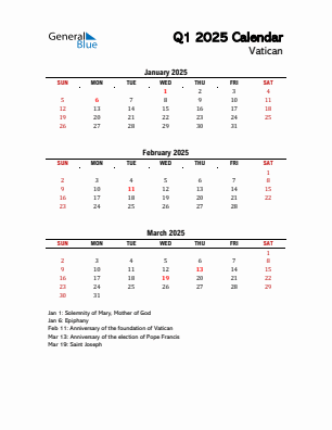 Vatican Quarter 1  2025 calendar template