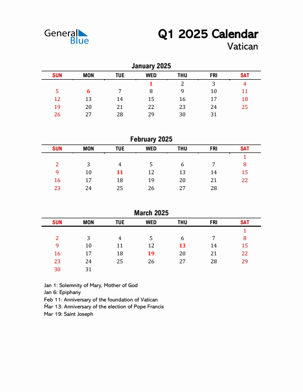 2025 Q1 Calendar with Holidays List for Vatican