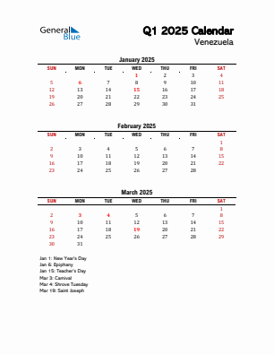 Venezuela Quarter 1  2025 calendar template