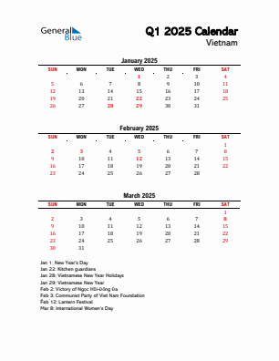 Vietnam Quarter 1  2025 calendar template