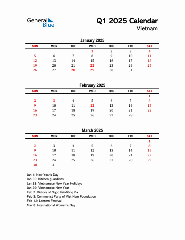 2025 Q1 Calendar with Holidays List for Vietnam