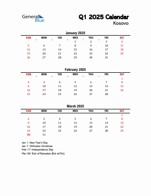 Kosovo Quarter 1  2025 calendar template