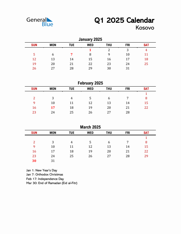 2025 Q1 Calendar with Holidays List for Kosovo