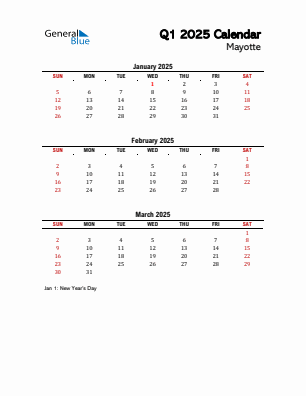 Mayotte Quarter 1  2025 calendar template