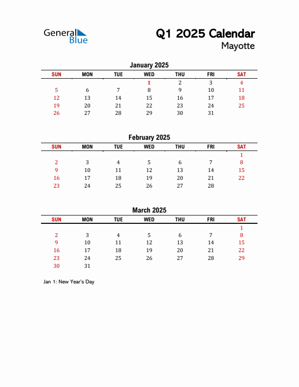 2025 Q1 Calendar with Holidays List for Mayotte