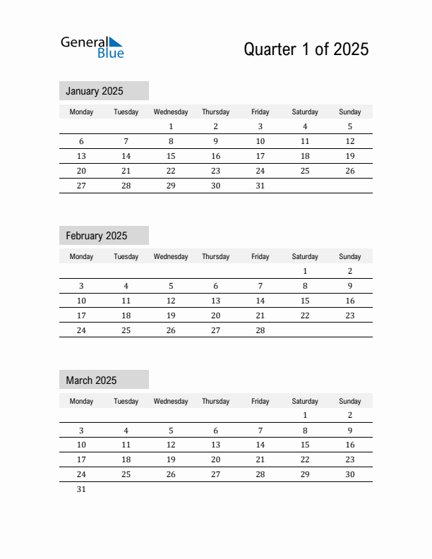 January, February, and March Calendar 2025