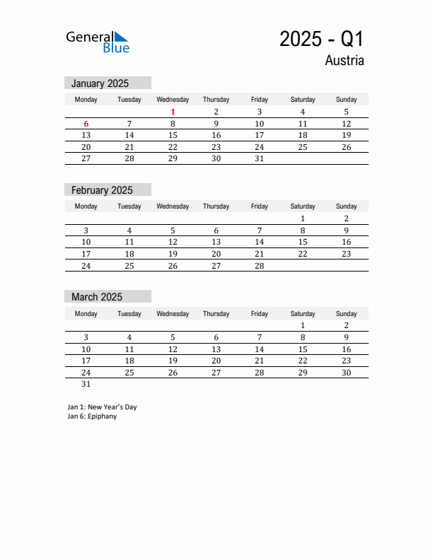 Austria Quarter 1 2025 Calendar with Holidays