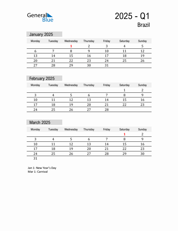Brazil Quarter 1 2025 Calendar with Holidays