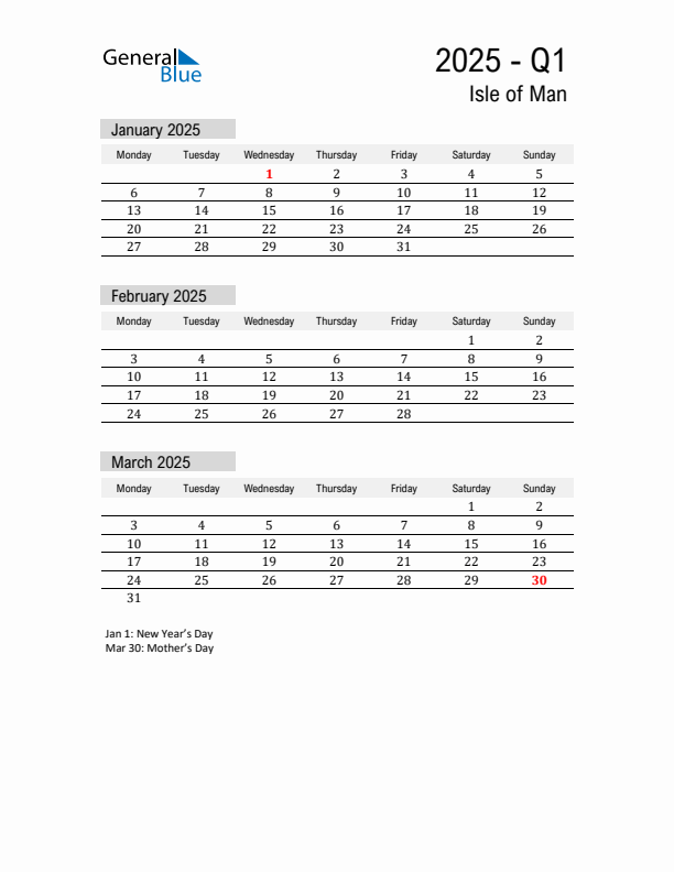 Isle of Man Quarter 1 2025 Calendar with Holidays