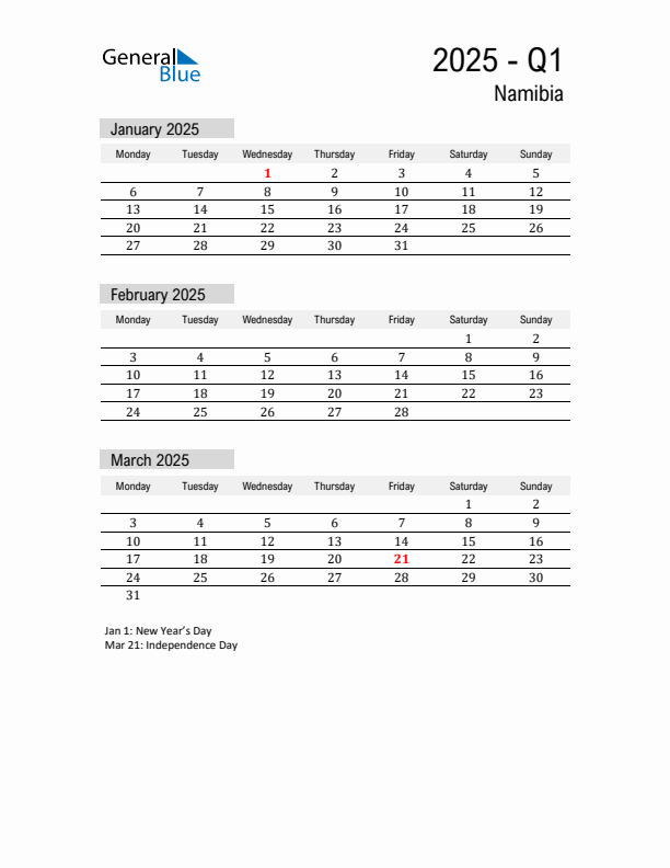 Namibia Quarter 1 2025 Calendar with Holidays