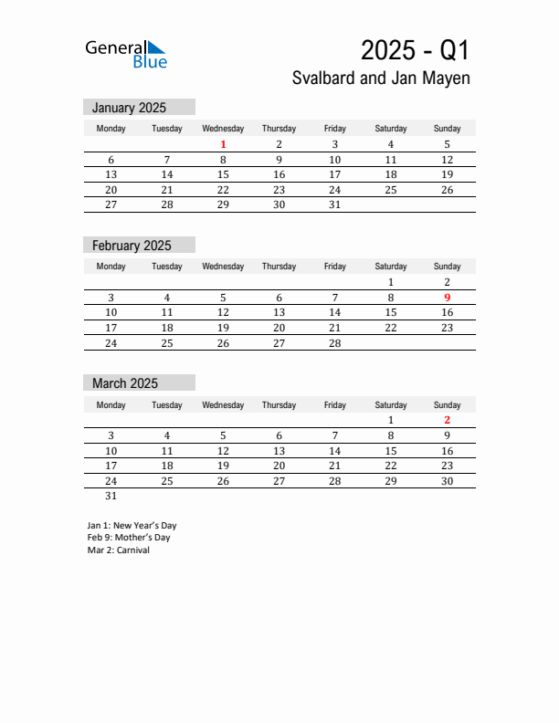 Svalbard and Jan Mayen Quarter 1 2025 Calendar with Holidays