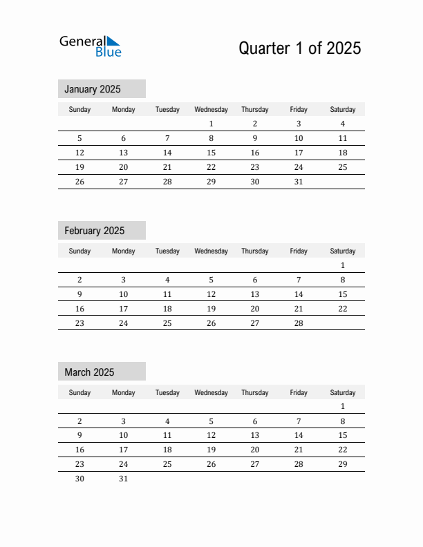 January, February, and March Calendar 2025