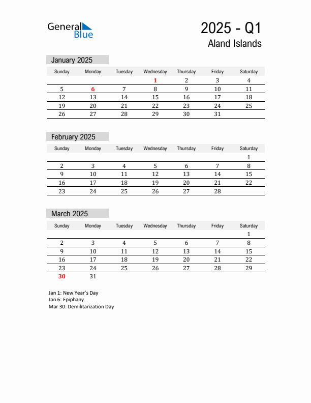 Aland Islands Quarter 1 2025 Calendar with Holidays