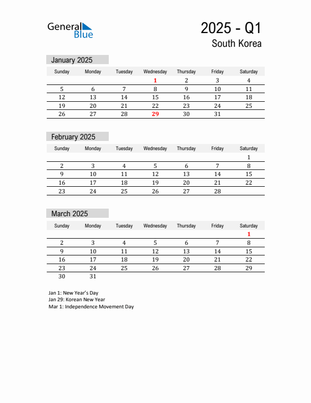 South Korea Quarter 1 2025 Calendar with Holidays