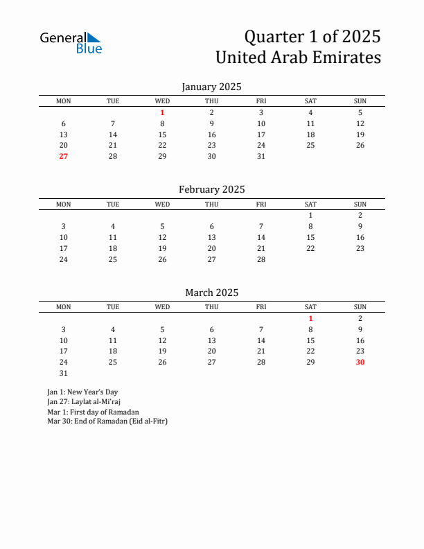 Quarter 1 2025 United Arab Emirates Quarterly Calendar