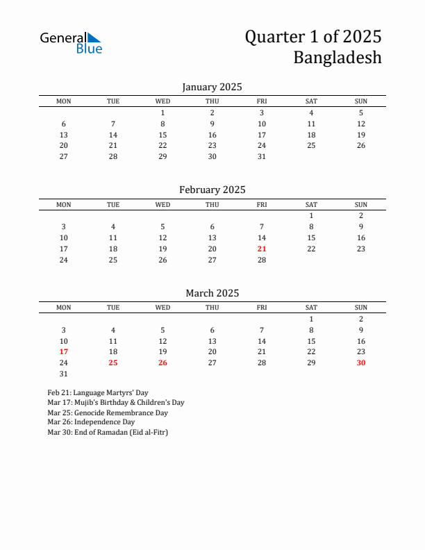 Quarter 1 2025 Bangladesh Quarterly Calendar