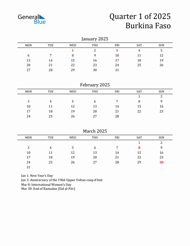 Quarter 1 2025 Burkina Faso Quarterly Calendar