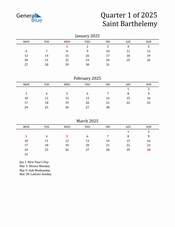 Quarter 1 2025 Saint Barthelemy Quarterly Calendar