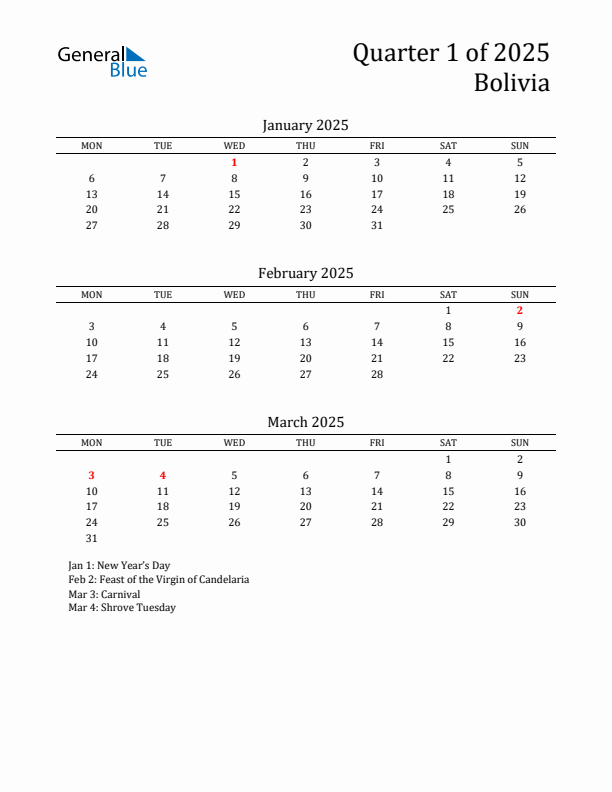 Quarter 1 2025 Bolivia Quarterly Calendar