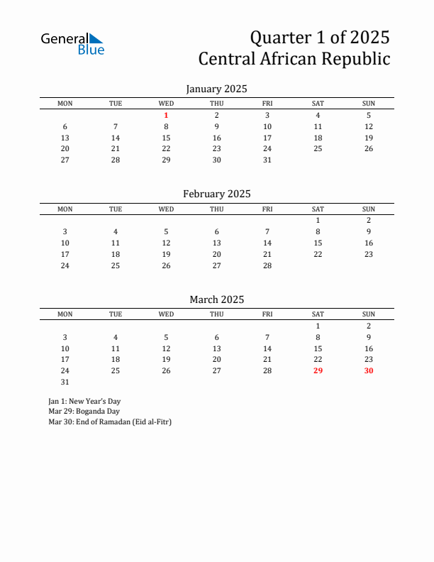 Quarter 1 2025 Central African Republic Quarterly Calendar