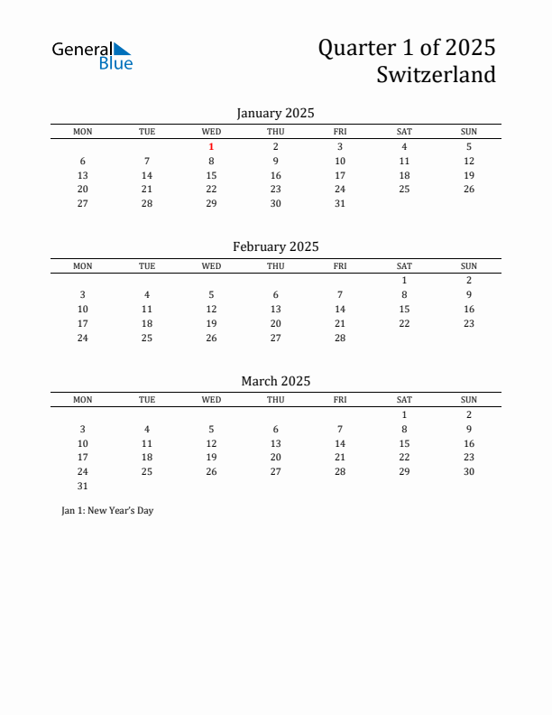 Quarter 1 2025 Switzerland Quarterly Calendar