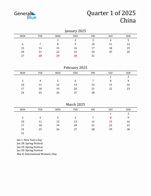 Quarter 1 2025 China Quarterly Calendar