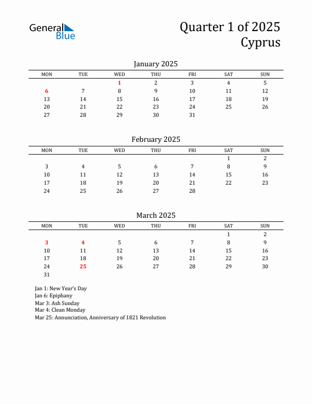 Quarter 1 2025 Cyprus Quarterly Calendar