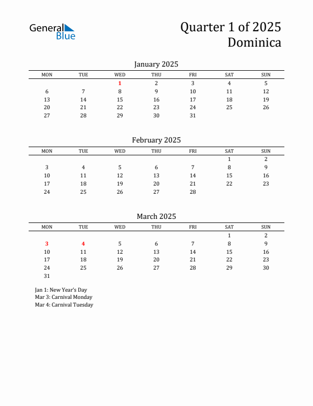 Quarter 1 2025 Dominica Quarterly Calendar