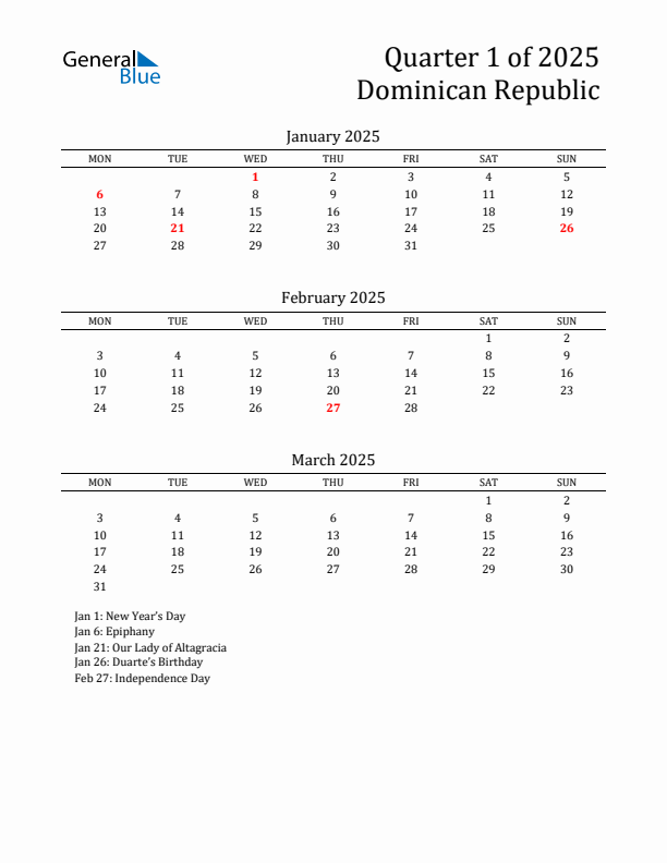 Quarter 1 2025 Dominican Republic Quarterly Calendar