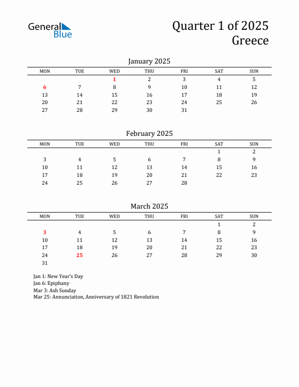 Quarter 1 2025 Greece Quarterly Calendar