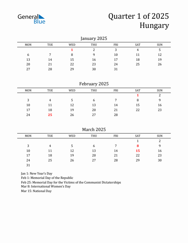 Quarter 1 2025 Hungary Quarterly Calendar