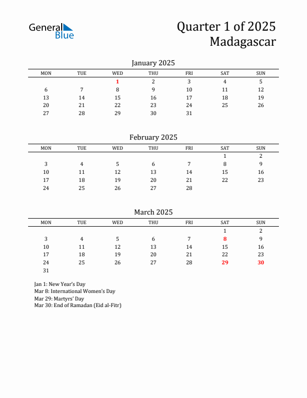 Quarter 1 2025 Madagascar Quarterly Calendar