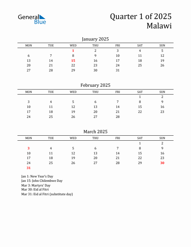 Quarter 1 2025 Malawi Quarterly Calendar