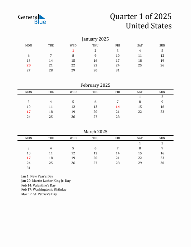 Quarter 1 2025 United States Quarterly Calendar