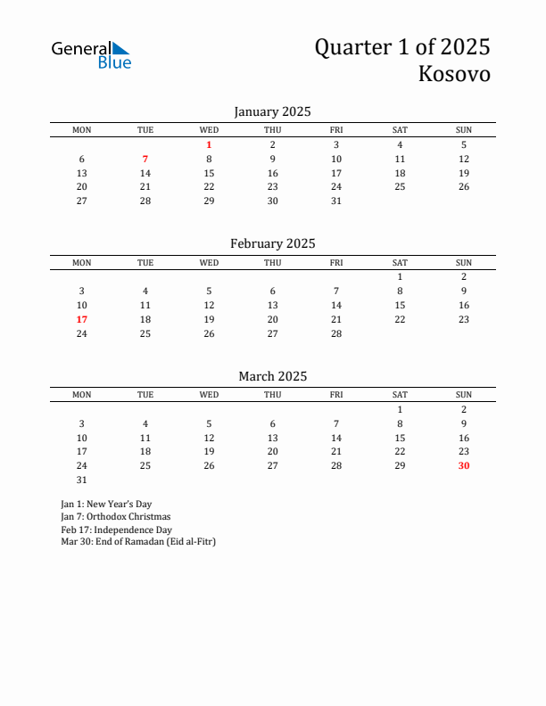 Quarter 1 2025 Kosovo Quarterly Calendar