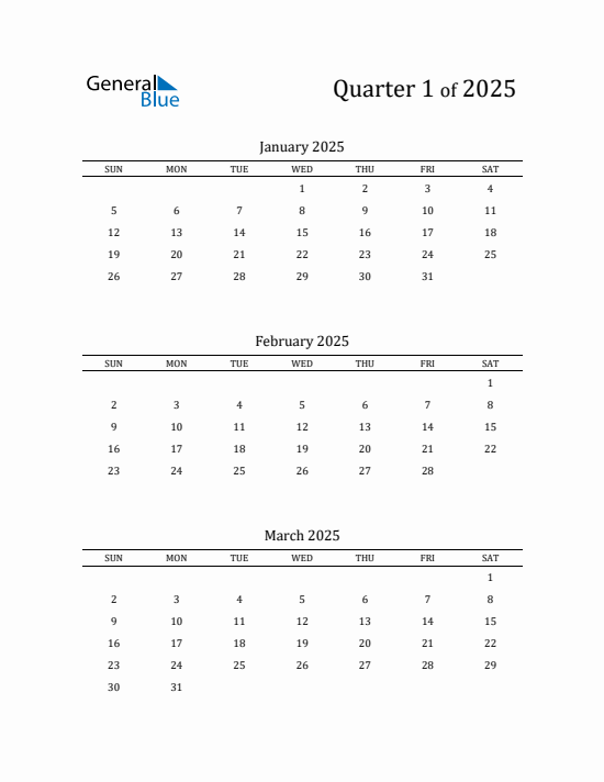 Quarter 1 2025 calendar template