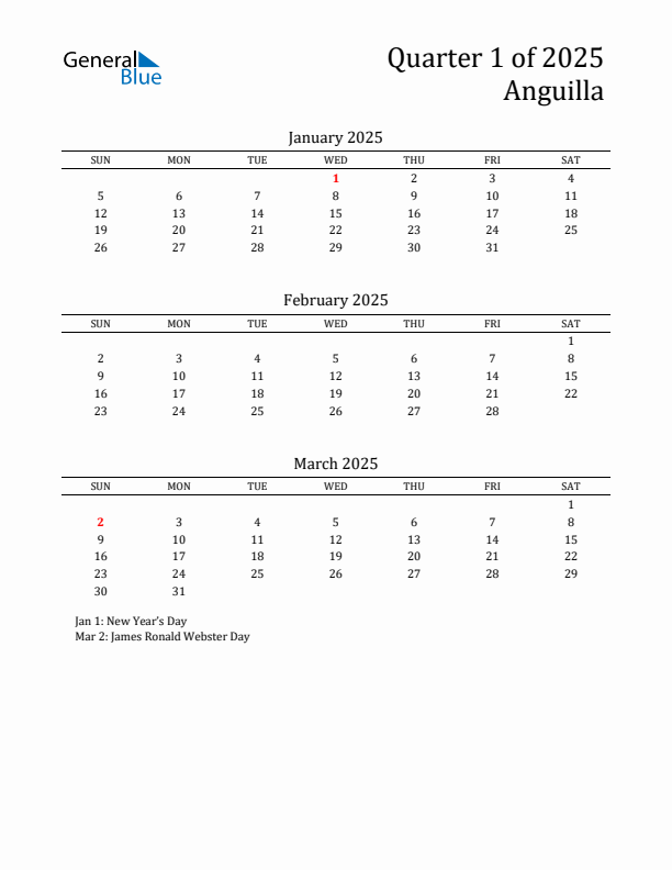 Quarter 1 2025 Anguilla Quarterly Calendar