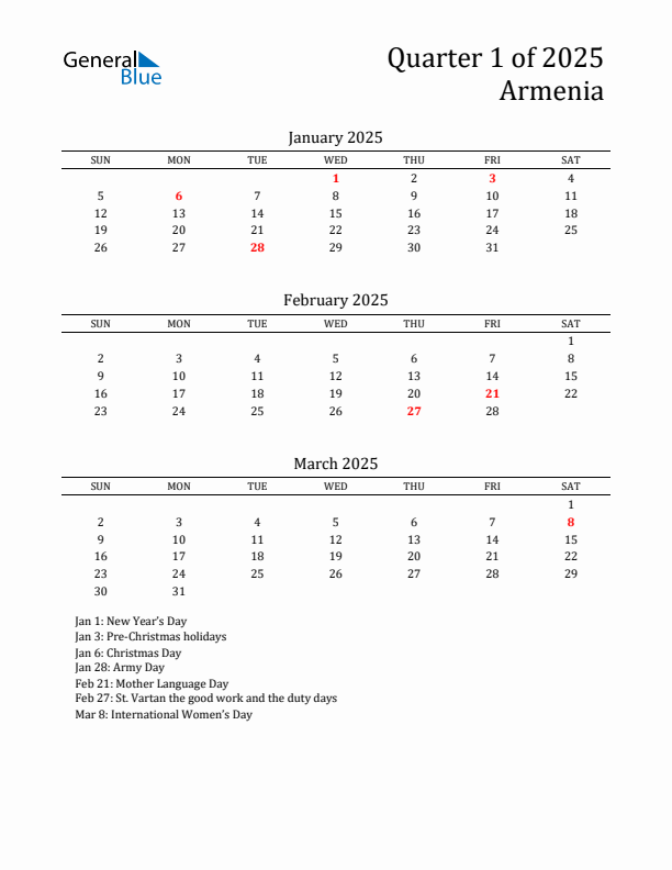 Quarter 1 2025 Armenia Quarterly Calendar